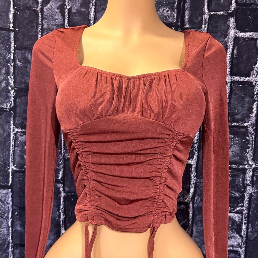 Almost Famous Brown Red Crop Blouse with Ruched Tie Front